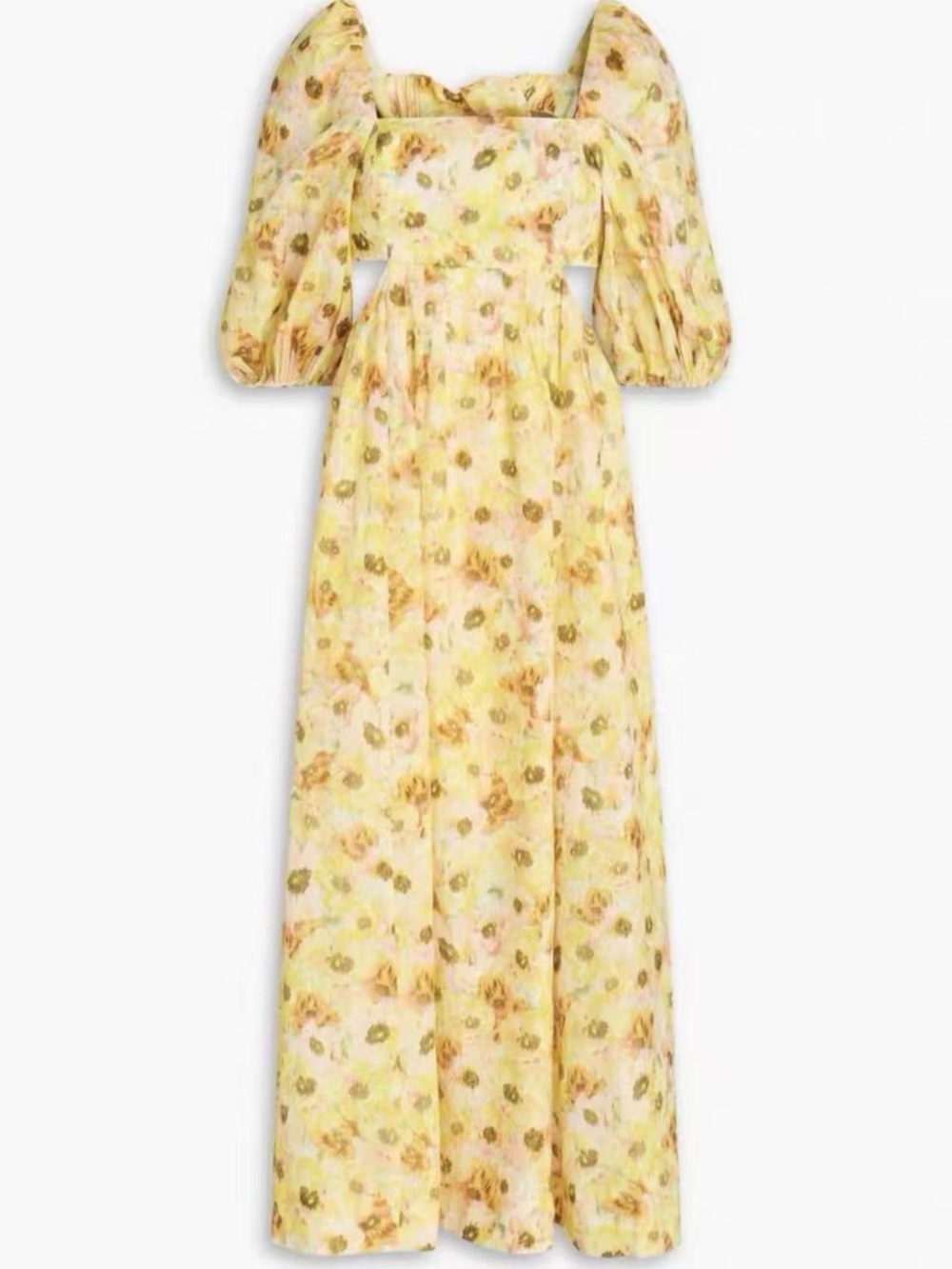Zimmermann Yellow Floral Midi Dress with Puff Sleeves and Square Neck size 1